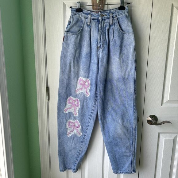 80's Patchwork Jeans Womens 6 Pink Bows High Waisted Coquette Cute Goth - Picture 1 of 8